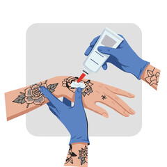 Tattoo aftercare at home. Hands in gloves applying lotion to tattoo in flat vector style on transparent background.