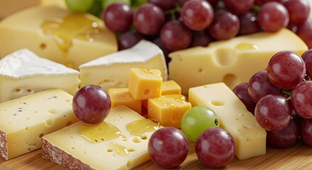 Close-up of grapes and cheese platter, gourmet food styling