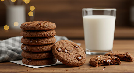 A stack of freshly baked chocolate chip cookies with melted chocolate, placed on a wooden table next to a glass of milk, in a cozy kitchen setting with warm ambient lighting