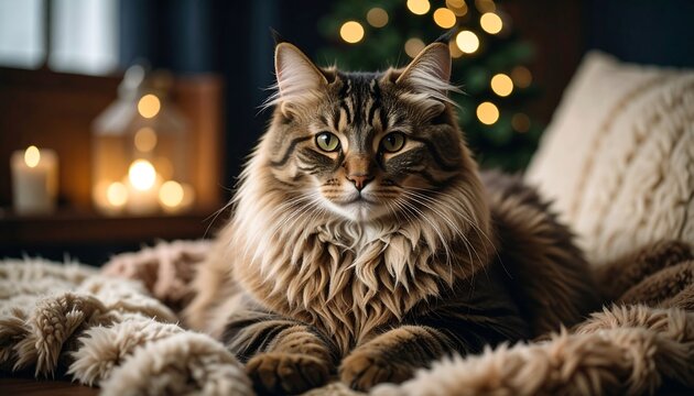Fluffy tabby cat on cozy blankets, festive background - Powered by Adobe