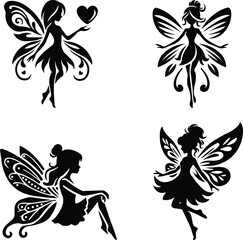 Fairy Vector Cute Girls with Wings in Black Silhouette Style, Fairy Vector Cute Black Silhouettes of Mythical Fairies