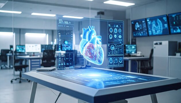 Holographic heart displayed on a futuristic medical touchscreen interface in a modern lab setting