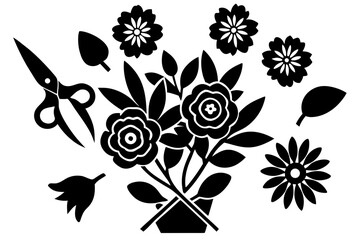 Vector art of silhouette of set of black and white flowers