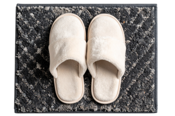 Top View of Cozy Slippers by Rug on Wooden Floor, Transparent Background