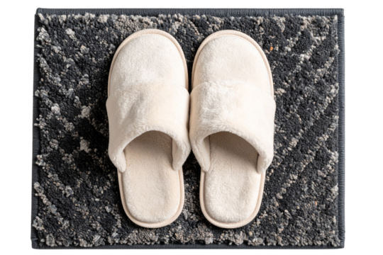 Top View of Cozy Slippers by Rug on Wooden Floor, Transparent Background