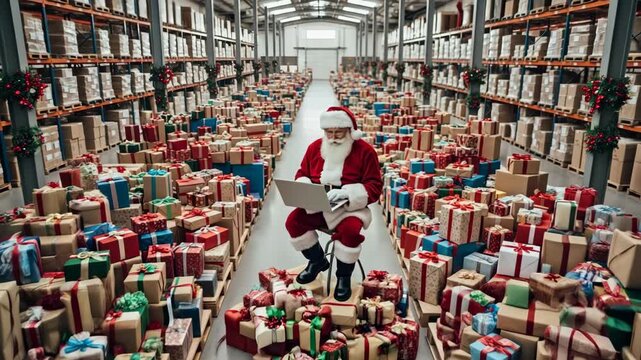 Santa Claus sitting on a pile of Christmas gifts in a vast warehouse, diligently working on a laptop, symbolizing holiday logistics and e-commerce.