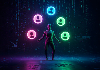 Digital figure balancing glowing social media avatar orbs