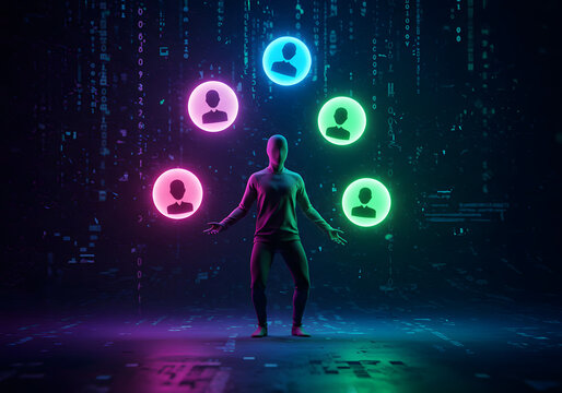 Digital figure balancing glowing social media avatar orbs - Powered by Adobe
