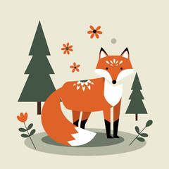 Orange fox standing amongst trees and flowers in a forest setting  