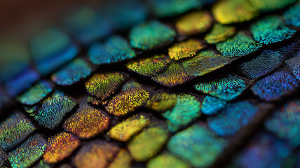 Fototapeta premium Butterfly wing iridescent scales, sparkling scales reflecting light, warm golden hour glow