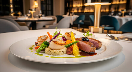 Close up of a gourmet dish featuring scallops and duck in a restaurant setting indoors