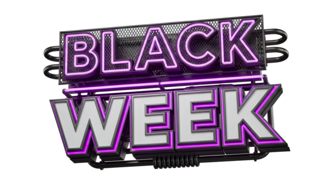 A black week promotional sign with neon purple lighting and accents