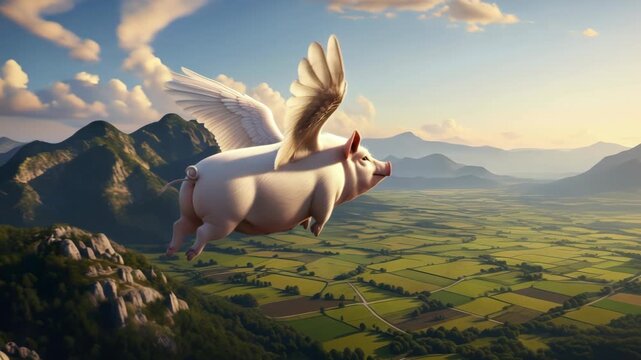Pig with large white wings flying over a lush green mountain landscape at sunset, symbolizing "when pigs fly," dreams, and unexpected possibilities