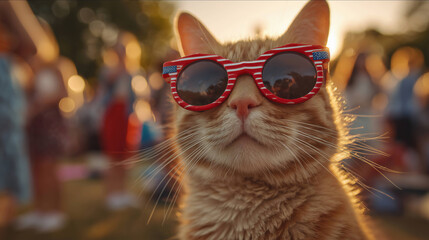Sunset Glow on Ginger Cat at Patriotic Outdoor Gathering	