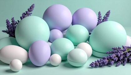 Soft Textured Lavender and Mint 3D Spheres on a Pastel Green Background
