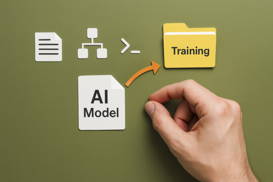 The concept artificial intelligence unfolds as a human directs a model file toward structured training within a streamlined workspace illustrating systematic development and process optimization