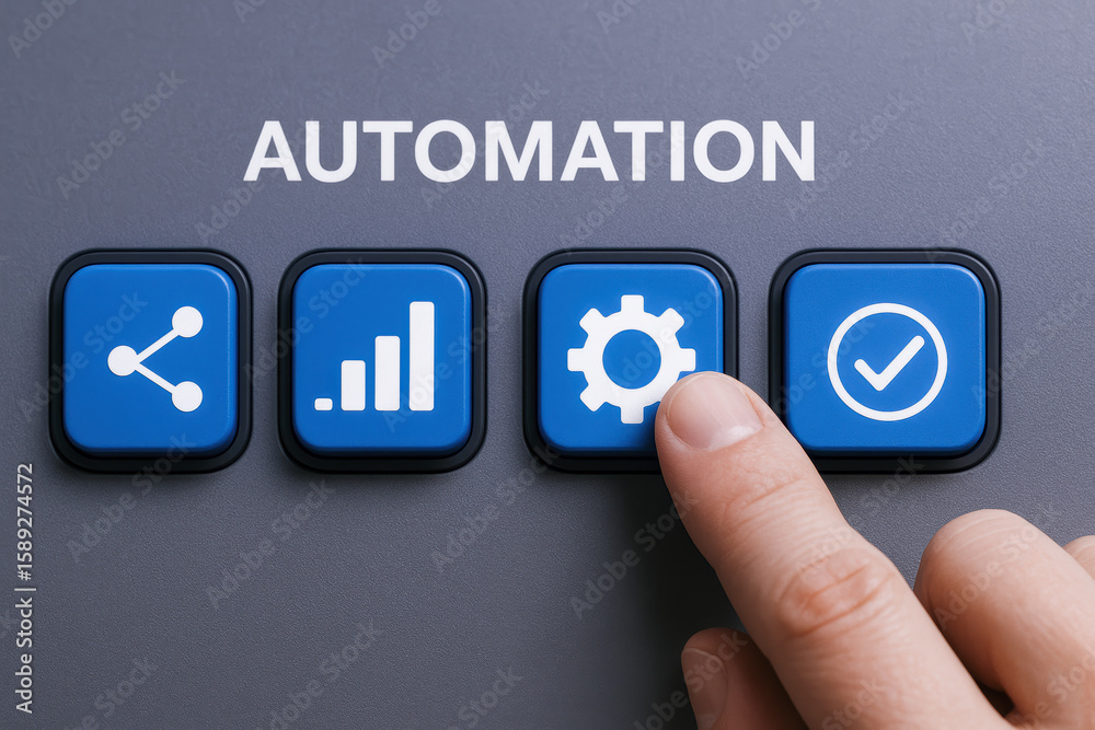 Poster a engages with a control interface featuring blue buttons symbolizing efficiency and process optimiz
