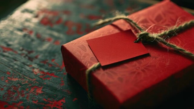 A beautifully wrapped gift box with a red tag and twine, perfect for wrapping presents or as a decorative item