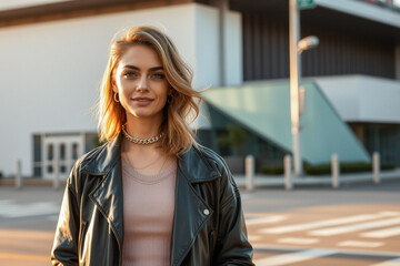 Obraz premium Stylish Woman in Leather Jacket Cityscape