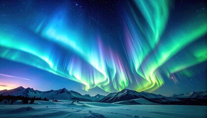 Naklejka premium Spectacular Night Sky Displaying Vibrant Green And Blue Aurora Borealis Above Snow Covered Mountains And Starry Background