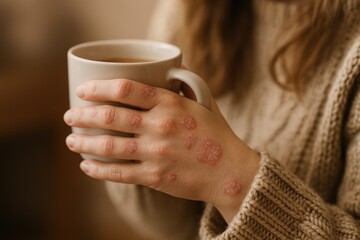 A young Caucasian woman with wavy brown hair holds a white mug. Her hands show signs of skin condition. She wears a cozy beige sweater in a warm indoor setting.