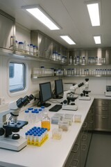 A modern laboratory interior with multiple microscopes, computers, and various glass containers filled with liquids. The space is well-organized and brightly lit.