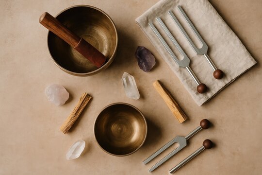 Two brass singing bowls, mallet, tuning forks, and crystals arranged on a beige surface. Items include amethyst, rose quartz, and wooden sticks.