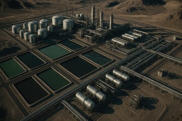 Aerial view of an industrial oil refinery in a desert landscape. Large storage tanks and pipelines are visible, surrounded by barren terrain.