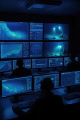 A dark control room with multiple screens displaying underwater exploration data. Two operators monitor the screens, surrounded by blue lighting.