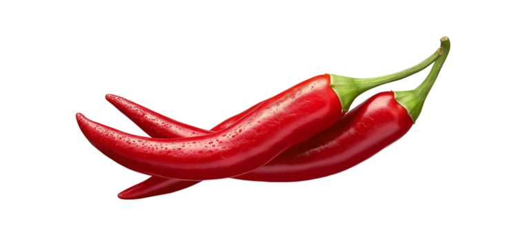 Delicious red chili peppers, cutout on transparent background