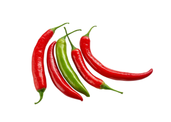 Delicious red chili peppers, cutout on transparent background