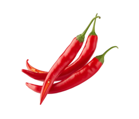 Delicious red chili peppers, cutout on transparent background