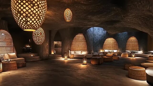 Enchanting Cave Sanctuary: A Luxurious Retreat with Ambient Lighting and Rustic Charm