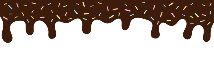 Rich Chocolate Dripping Icing with Colorful Sprinkles. Abstract Dessert Background. Vector Illustration