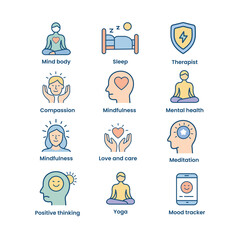 Mental Wellness Icon Set – Mindfulness, Sleep, Meditation, Therapist, Yoga, Positive Thinking, Mood Tracker