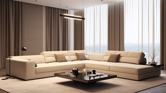 Modern interior with a cream-colored L-shaped sofa, soft ambient lighting, matte taupe walls, a low black coffee table, and large windows with sheer curtains .