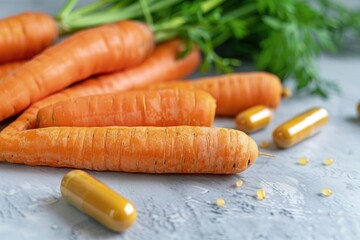 Fresh carrots with beta carotene capsules suggest the importance of nutrients for healthy vision and skin