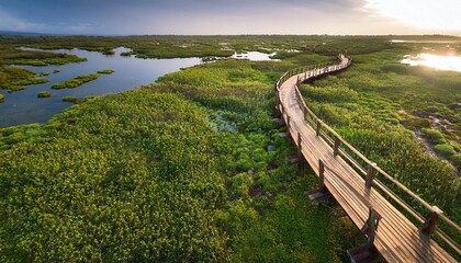 aerial view of a wooden boardwalk curving through a lush green wetland with water and vegetation