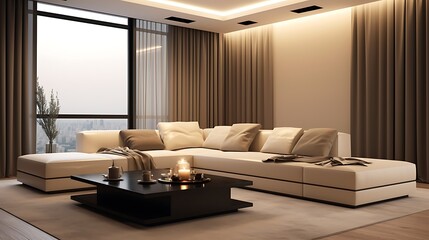 Modern interior with a cream-colored L-shaped sofa, soft ambient lighting, matte taupe walls, a low black coffee table, and large windows with sheer curtains .