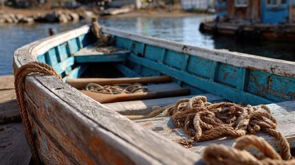 Obraz premium old wooden boat with peeling paint resting quietly