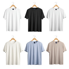 Six plain t-shirts on hangers in various colors