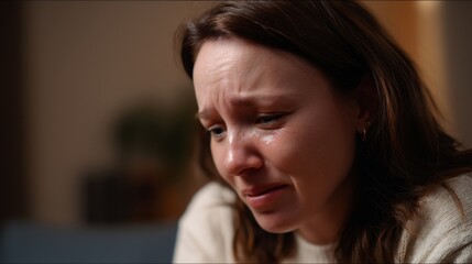 Fototapeta premium Woman with pained expression is captured close up shot, showcasing her emotional distress. Tears glisten her cheeks, reflecting moment of vulnerability and sadness. background is softly blurred