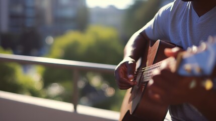 Fototapeta premium Person playing acoustic guitar outdoors, showcasing relaxed atmosphere with soft sunlight filtering through trees. focus is on hands and instrument, creating serene vibe