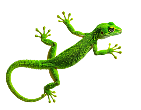 Green Gecko Clinging to Vertical Surface, Full Body Side View, Transparent PNG Wildlife Illustration