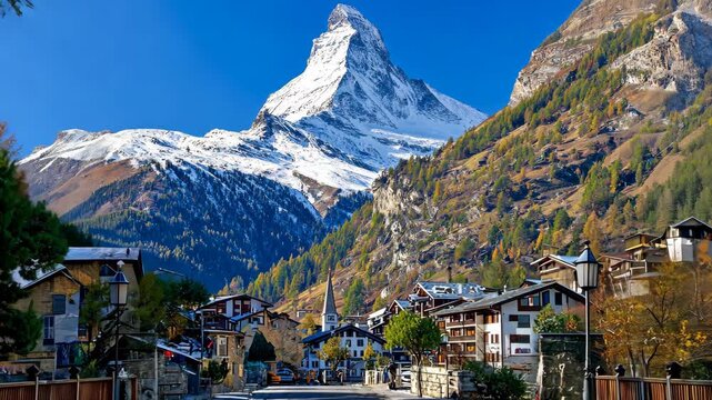 Majestic Matterhorn mountain views over charming Swiss village in autumn with clear blue skies