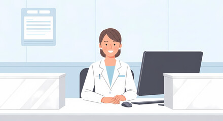 A smiling female doctor sits at a desk, ready to assist patients.