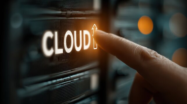 A finger touches a glowing "CLOUD" on server racks