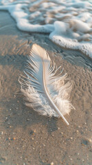 A solitary feather lying on a sandy beach, with gentle waves approaching, capturing the fleeting moments of serene vacations.