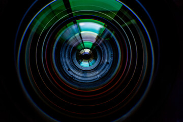 Macro camera lens,The diaphragm of old camera lens aperture with warm light bokeh. Selective focus...