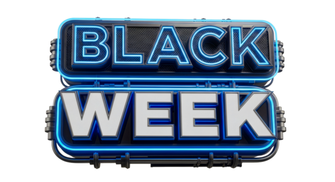 A neon sign displaying black week with a futuristic design element